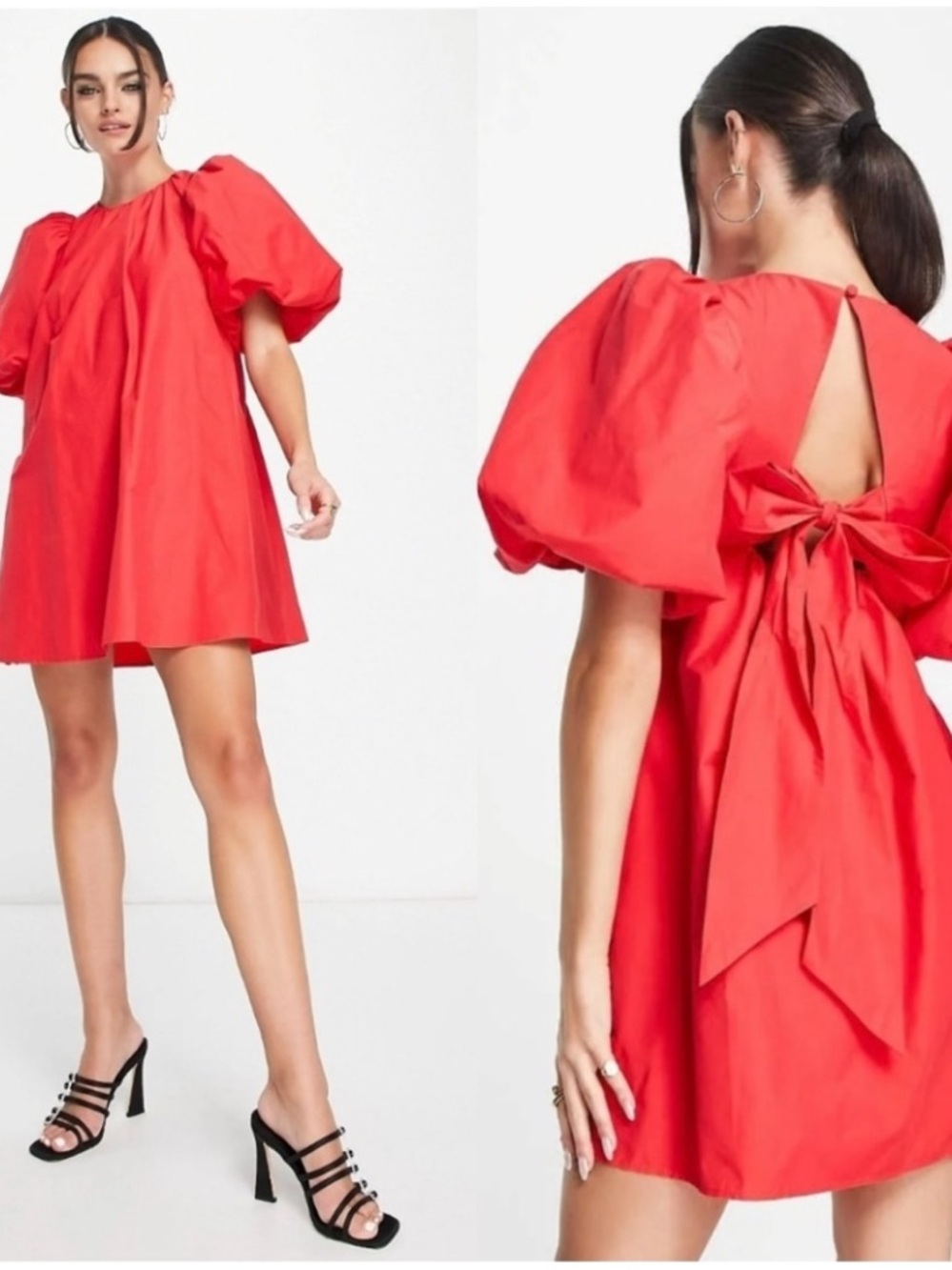 & Other Stories Bold Red Puff-Sleeve Mini Dress Back Bow LA Atelier Small NWT